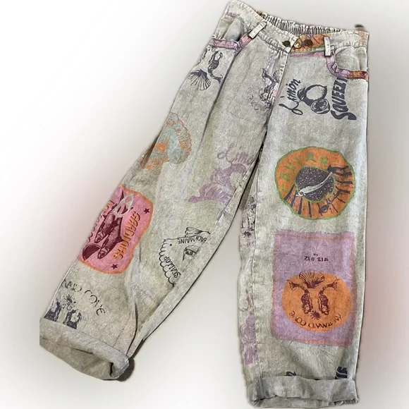 Graphic Patchwork Acid-Wash Wide Leg Pants in Lavender & Orange - Picture 2 of 3